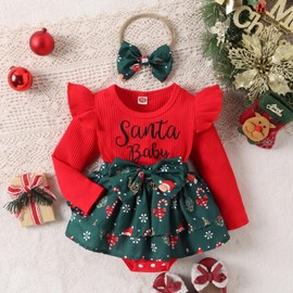 Baby Girl Christmas Outfit Baby Girl Romper Dress Long Sleeve Letter Santa Print Bow Headband Fall Winter Clothes (Red, 12-18 Months)