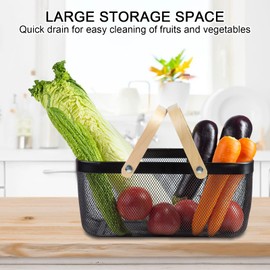 MACOIOR Portable Garden Harvest Basket-Mesh Design Natural Bamboo Handle Wire Storage Baskets,Mesh Basket with Handle Organize Items Reduce Space Occupation,Suitable for Kitchen,Garden,Picnic(Black)