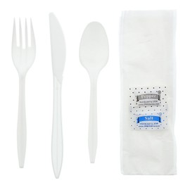 AmerCareRoyal 6-in-1 Disposable Silverware Medium Weight Plastic Utensil Set with Teaspoon, Fork, Knife, Salt & Pepper Packets, 12x13 Napkin - Individually Wrapped Cutlery Meal Kit, White, Case of 250