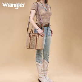 Wrangler Tote Bag for Women Western Purse Embossed Handbags Medium Satchel Retro Top Handle Shoulder Bag, Beige Purse, WG205-81134BG