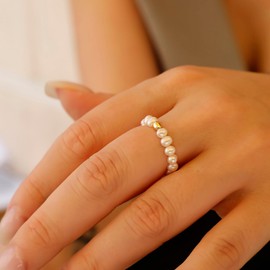 Jacys Mifv Natural Freshwater Pearl Flexible Ring, 18K Gold-Plated 925 Sterling Silver Adjustable Elastic Ring with 3-3.5mm Natural Pearls, Elegant Jewelry Gift for Women, Mother's Day Gift, Size 6-9