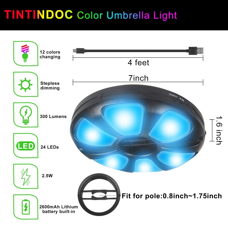 TINTINDOC Color Umbrella Light with Remote, Outdoor/Patio Umbrella Light, Rechargeable/AA