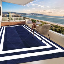 9'x 12' Outdoor Rug,Waterproof Reversible Patio Rugs,9x12 ft Plastic Straw Outdoor Carpet Foldable Plastic Camping Mat for Outside RV, Patio,Picnic,Camper,Balcony,Porch(Navy Blue &White)