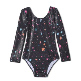 TENVDA Gymnastics Leotards for Girls 4t Shiny Five Star Printed Long Sleeve Activewear Bodysuits 3-4 Years Old Kids Sport Acro Dance Class Practice Dancewear