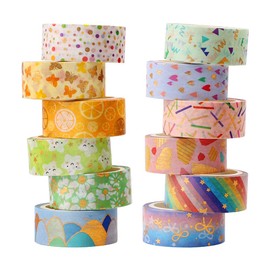 Feelava Washi Tape, 12 Rolls Washi Tape Set, Decorative Washi Tape, Cute Gold Foil Flower, Decorative Masking Tape for DIY Art & Crafts, 15 mm x 3 m