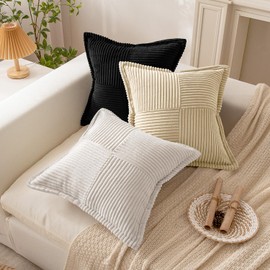 EMEMA Cushion Covers Corduroy Beige Throw Pillow Covers Square Striped Soft for Sofa Bedroom Decorative Pillowcases 16x16 Inch 40x40cm Set of 2