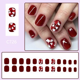 Red Press on Nails Short Square Fake Nails with White Heart Design Solid Color Glue on Nails Love Stick on Nails Glossy Reusable Valentines False Nails for Women Girls Manicure 24pcs