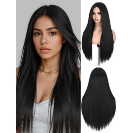 FAVE Black Wigs for Women 26 Inch Straight Synthetic Wig Middle Part Long Black Wig Natural Looking for Daily Use
