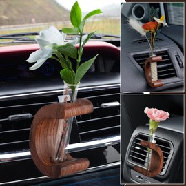 2PCS Car Air Vent Flower Vase Clip, Retro C Shaped Wooden Stand Plant Holder, Suitable for Female Girls Aesthetic, Interior Decoration Accessories, for Vent Decoration (Black Walnut C Shape)