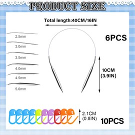 6 Pcs Circular Knitting Needles Set, 16 Inch Total Length Stainless Knitting Needles Thick Circular for Socks Hats, Size 2.5mm 3mm 3.5mm 4mm 4.5mm and 5mm