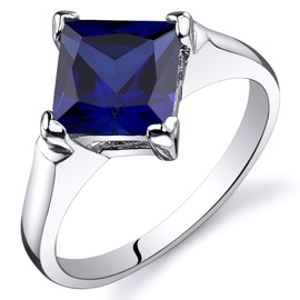 PEORA Created Sapphire Engagement Ring in Sterling Silver, Classic Designer Solitaire, Princess Cut, 7mm, 2.50 Carats, Comfort Fit, Size 9, September Birthstone Ring, Sparkling Jewelry
