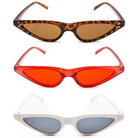 Set of 3 - Retro 1950s Narrow Cat Eye Sunglasses UV 400 Protection (Assorted: Tortoise, White & Red)