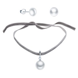 CPSLOVE Women's girl's Pearl Necklace, Women's girl's Earrings, 925 sterling silver pearl jewelry set, Black velvet rope pearl choker necklace, pearl earrings studs, White