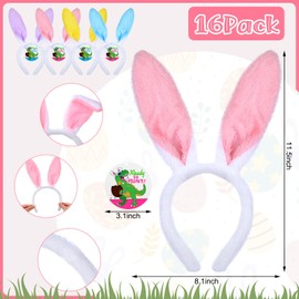Daifunli 16 Set Easter Dinosaur Bunny Ear Headbands with Tags Easter Gift Pink Blue Rabbit Ears Headband with Dinosaur Labels Bunny Hairbands for Easter Basket Stuffers Bunny Cosplay Accessories Decor