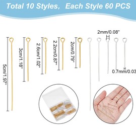 PandaHall Elite 600 Pieces 6 Sizes Brass Eye Pins Head Pins Results 21 Gauge Open Eye Pin for Earring Pendant Beads Jewellery DIY Craft Making Golden & Silver, Length 1.6/2/2.2/2.6/3/5 cm