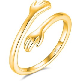 Hug Ring in 925 Sterling Silver and Gold Adjustable | Hug Ring with Hugging Hands as a Gift for Her, Girlfriend, Boyfriend, Mother's Day and Engagement, Sterling Silver, No Gemstone