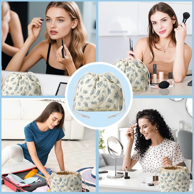 Lyssiatina Drawstring Cosmetic Bag, Blue Flower, 6.9*6.7*3.9inch