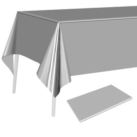 PLULON PLULON Tischdecke aus Silberfolie, Kunststoff, 137 x 274 cm, rechteckig, metallisch, Silber, Tischdecke für Hochzeit, Geburtstag, Weihnachtsfeier, Zuhause, Tischdekoration, Babyparty, Partyzubehör