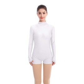 Women's Mock Neck Gymnastics Dance Leotard Boyshorts Long Sleeve Bodysuit Ballet Dancewear Biketard Adult Plus Shorts Jumpsuit One Piece Spandex Turtleneck Bodycon Romper Overall White Medium