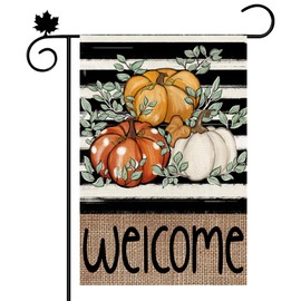 Heirloom Haven Fall Pumpkin Garden Flag Double Sided,Eucalyptus Leaves Streaks Welcome Small Burlap Garden Flag for Outside Holiday Farmhouse Yard Decoration 12x18 Inch