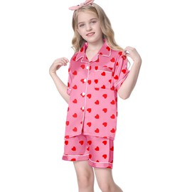 Umeyda Women's Satin Pajamas Set, 2 Piece Silk Pajamas Sets Sleeve Button Down Sleepwear 2 Pjs Lounge Sets, Heart Hot Pink, Small