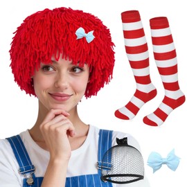 3Pcs Rag Doll Wig Women Red Yarn Cosplay Wigs Short Straight Wigs