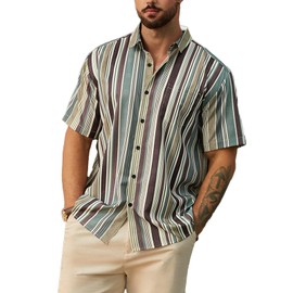 Hardaddy Men's Striped Shirts Casual Short Sleeve Button Down Summer Hawaiian Shirts Brown 3XL