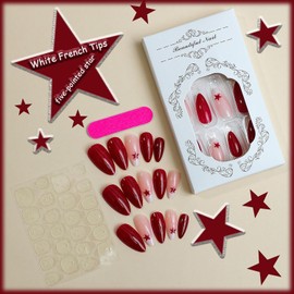 Red Press on Nails Medium Almond Fake Nails Red Star Glue on Nail White French Tip False Nail with Design Pink Acrylic Nails Press ons Glossy Artificial Reusable Nail for Women Manicure 24Pcs…