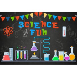 Baocicco 10x8ft Science Fun Backdrop Beaker Measuring Cups Blackboard Colorful Banners Chemical Apparatus Photography Background Laboratory Science Class Decor Back to School Class of 2025 Studio
