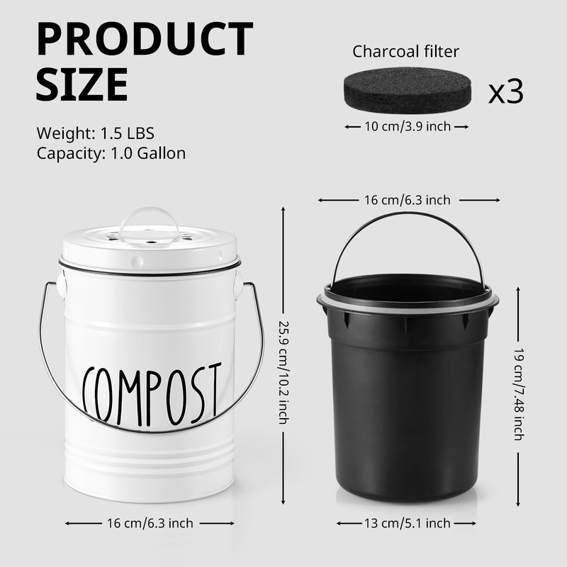 Kitchen Compost Bin, 1 Gallon Countertop Compost Bin with Lid,