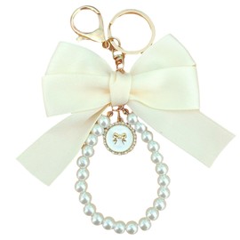 Uoocg Bow Beads Key Pendant Girl with Key Ring for Women Elegant Beautiful Keychain Aesthetic, beige, Unit size