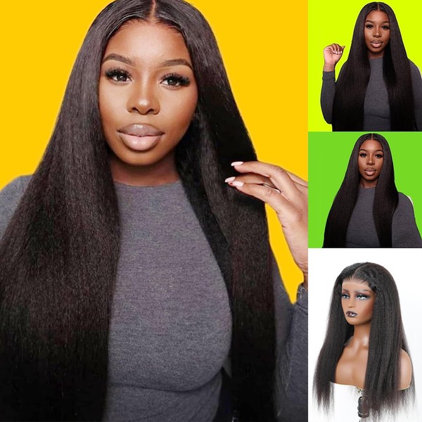 Real Hair Wig Yaki Straight Human Hair Wig Glueless Wig 180% Density Wear and Go Human Hair for Women 4x4 Transparent Lace Front Wig Women's Black Wig Precut Lace for Beginners 18 Inches