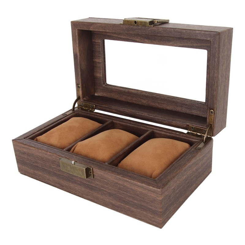 3 Slot Watch Display Case Wood Detachable Pillow Glass Cover