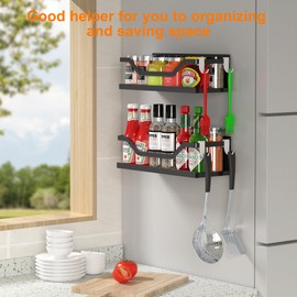 VG1M Magnetic Spice Rack for Refrigerator,Magnetic Fridge Shelf with 4 Hooks,Black Microwave Rack,Moveable Seasoning Rack, Durable Magnetic Shelf for Kitchen, 11.9 Inch, 2 Pack