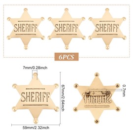 FINGERINSPIRE Pack of 6 Western Sheriff Badge Metal Hexagram Sheriff Brooch 59 x 67 mm Golden Star with Word Sheriff Pin Vintage Pin for Costume Retro Chest Pin for Cosplay