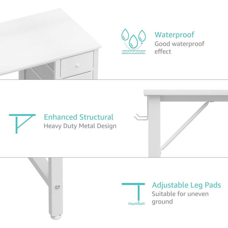 Lufeiya White Computer Desk with Fabric Drawers, 47 Inch Reversible
