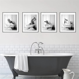 Martin Kench Set of 4 Black and White Poster Set, Bathroom Pictures, Animals in the Bath, Modern Wall Pictures, Canvas Pictures, Wall Decoration Pictures for Bathroom (30 x 40 cm)