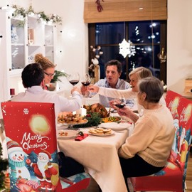 Betylifoy Christmas Dining Chair Covers Set of 4 Stretch Santa Claus Snowman Printed Chair Slipcovers Washable Xmas Parsons Kitchen Chair Seat Back Cover for Xmas Holiday Party Home Décor