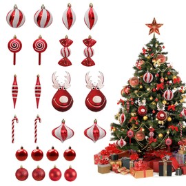24pcs Christmas Ball Ornaments for Tree, Xmas Elk Candy Crutches Christmas Tree Hanging Balls Decorations, Shatterproof Plastic Decoration Ball, Xmas Decorative for Home Holiday Party Decor