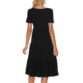 Berydress Women's Casual Summer Tiered Midi Dress Short Sleeve V-Neck Loose Cotton Ruffle Babydoll Dress Boho Sundress (L, 6175-Black)