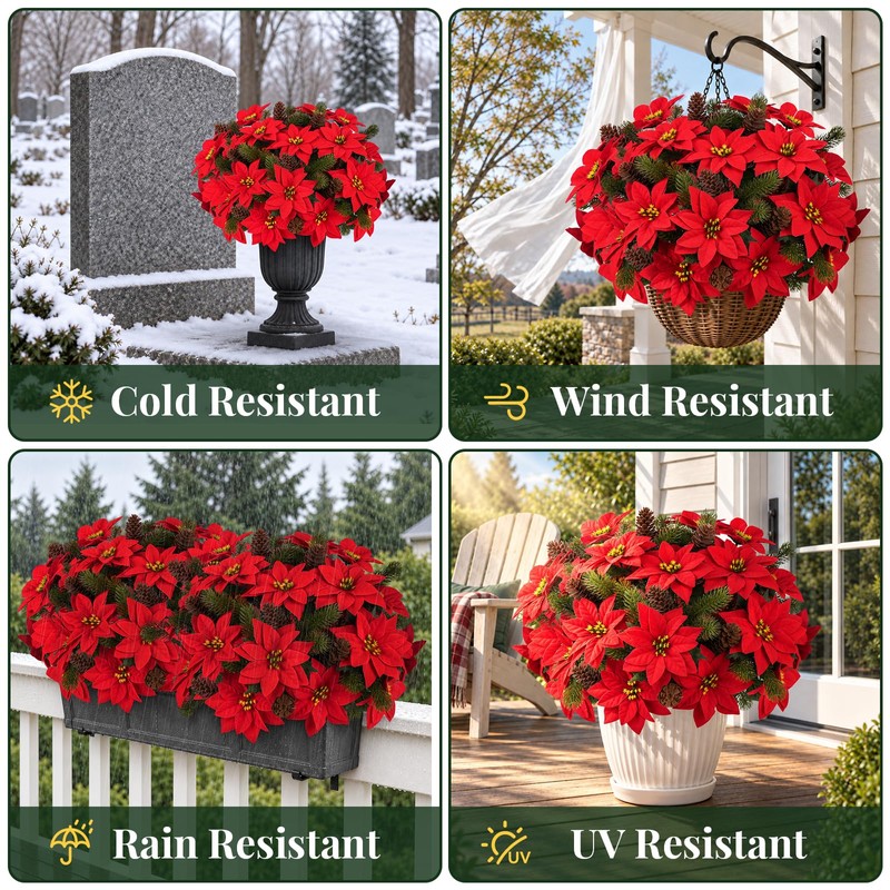 20 Pcs Christmas Poinsettia Flowers Artificial Pine Stems with Pinecone