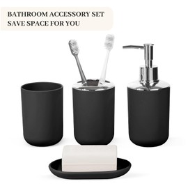 Bathroom Accessory Set, 4 Pcs Plastic Bathroom Set Include Soap Dispenser, Soap Dish, Toothbrush Holder, Mousewash Cup, Modern Bahtroom Décor Set, Space Save for Bathroom(Black)