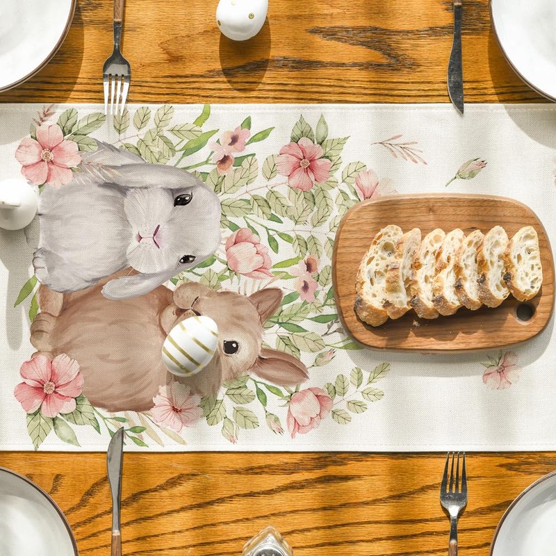 Artoid Mode Bunny Rabbit Floral Leaves Easter Table Runner, Spring