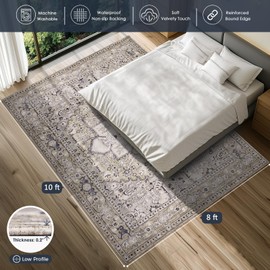 PURRUGS Vintage Farmhouse Boho Large Area Rug 8x10 ft, Non-Slip Machine Washable Rug, Accent Oriental Rug for Living Room, Dining Room, Bedroom, Entryway and Kitchen, Taupe/Vanilla