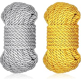 WEGO 2 Pack All Purpose 32 feet 8mm(1/3inch) Diameter Soft Silk Rope Solid Braided Twisted Ropes,10m Durable and Strong Twine Cord String Thread (Gold Silver), Gold,Silver (silvergold)
