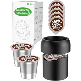 Reusable Capsule Kit, refillable coffee pods with 50 Pcs Aluminum Foil Seal Lids, 1 Holder, 2 stainless steel k cups, k cups coffee pods