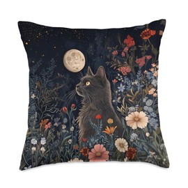 Nebelung Cat Moon Flowers Cottagecore Throw Pillow