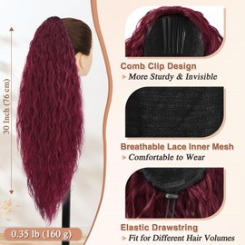 BARSDAR Burgundy Long Curly Drawstring Ponytail Extensions – 30 Inch Red Comb Clip Ponytails Hairpieces for Women – Fluffy Natural Looking Curly Wavy Synthetic Bohemian Ponytail Extensions