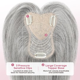 REECHO Human Hair Toppers for Women Real Human Thick Hair Topper Invisible Wiglett for Daily Wear Adding Instant Volume, Gray
