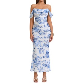 KUTUMAI Off The Shoulder Maxi Long Dress Corset Ruched Bodycon Formal Wedding Guest Dresses for Women BlueFloral XS